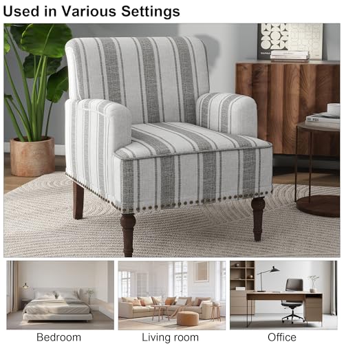 Accent Chair, Mid Century Modern Comfy Armchair for Living Room, Linen Fabric Single Sofa Lounge for Reading Bedroom Apartment Waiting Room with Wood Legs (Grey Stripe, Set of 1)