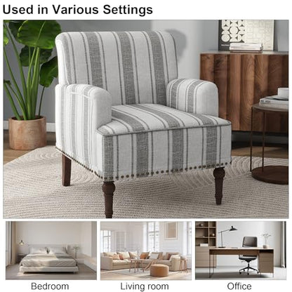 Accent Chair, Mid Century Modern Comfy Armchair for Living Room, Linen Fabric Single Sofa Lounge for Reading Bedroom Apartment Waiting Room with Wood Legs (Grey Stripe, Set of 1)