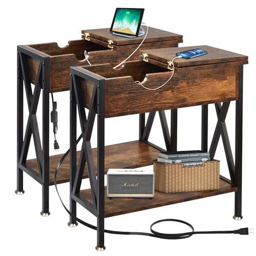 End Tables Living Room Set of 2 with Charging Station, 12"D x 24"W x 24"H | Flip Top End Table with USB Ports and Outlets, Skinny Table for Small Space, End Table with Steel X-Shaped Frame,Rustic Brown