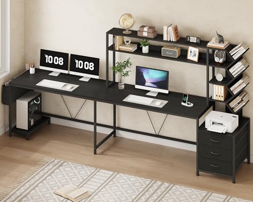 L Shaped Desk with Hutch, Reversible Computer Desk with Drawers and Bookshelf, Home Office Desks with Storage Shelves for Bedroom Home Office, Black