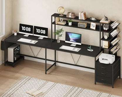 L Shaped Desk with Hutch, Reversible Computer Desk with Drawers and Bookshelf, Home Office Desks with Storage Shelves for Bedroom Home Office, Black