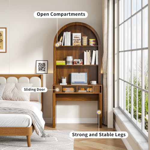 75'' Arched Computer Desk with Hutch, Home Office Desk, Walnut, view 4