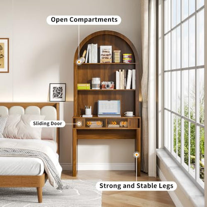 75'' Arched Computer Desk with Hutch, Home Office Desk, Walnut, view 4