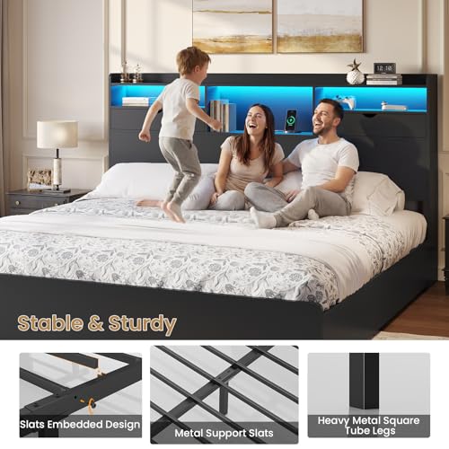 King Bed Frame with Storage Headboard and 4 Underneath Drawers, view 7