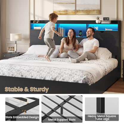 King Bed Frame with Storage Headboard and 4 Underneath Drawers, view 7