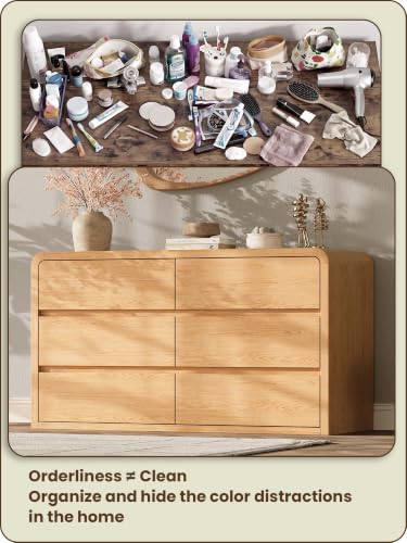 Modern 54" Wide 6 Drawers Dresser with Curved Profile Design,Oak, view 6