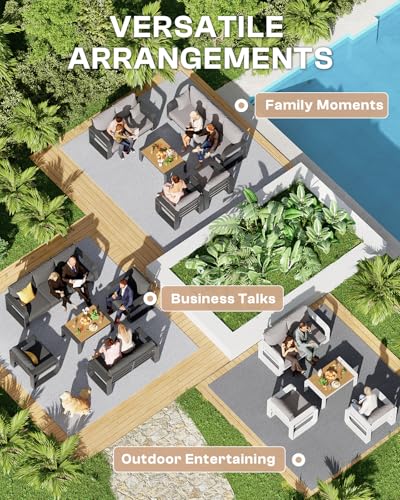 Oversized Aluminum Outdoor Furniture Set, Extra Large Patio Furniture Sofa Set 4.8” Widened Armrest & Ultra-Thick Cushions, 5 Pcs Modern Patio Sectional for Backyard, Porch, Gray