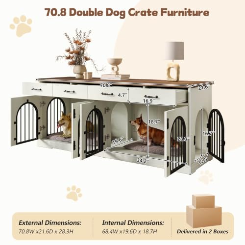 70'' Double Dog Crate Furniture, Indoor Dog Kennel TV Stand,White, view 3