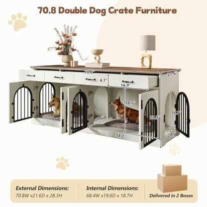 70'' Double Dog Crate Furniture, Indoor Dog Kennel TV Stand,White, view 3