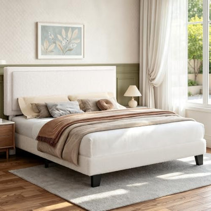 Queen Size Bed Frame, Upholstered Platform Bed Frame with Adjustable Headboard, view 4