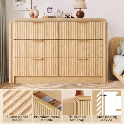 Fluted 6-Drawer Dresser Modern Wood Chest Organizer with Anti-Tip, view 5