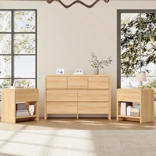 Modern 3-Piece Bedroom Furniture Set with 7-Drawer Dresser and 2 Nightstands, Large Storage Capacity, Rounded Corners, Flexible Combination Design, Anti-Tip Kit Included, Light Oak