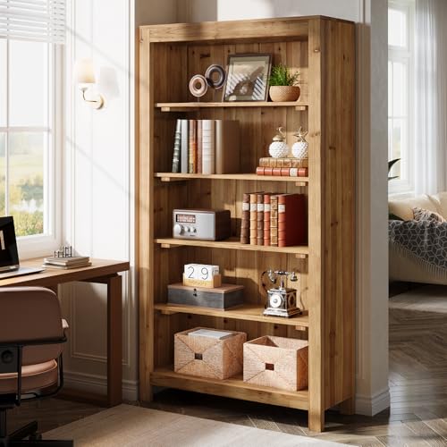 5-Tier Real Wood Bookcase Solid Wood Bookshelf Display Storage Shelf, view 6