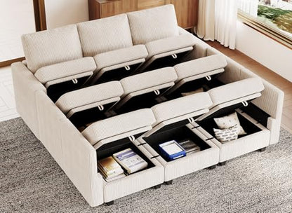 Corduroy Modular Sectional Sofa 9 Seat Convertible Sectional Sleeper Sofa Bed with Storage Ottomans Modular Sectional Couch Bed for Living Room Beige