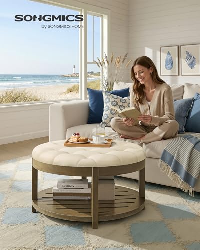 SONGMICS Storage Ottoman with Solid Wood Frame, Round Upholstered Ottoman Coffee Table, Footrest, Tufted Cushion, for Living Room, Easy Assembly, 31.5 x 31.5 x 17.7 Inches, Summer Sand ULSF053LF01