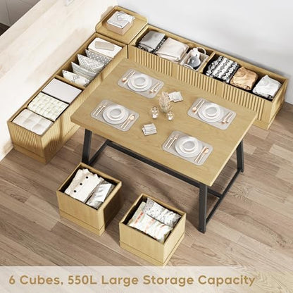 Corner Dining Table Set with Storage, 43" Breakfast Nook Table Set, Corner Booth Dining Table for Kitchen, Banquette Bench with Hidden Storage & 2 Ottomans, Seats 4-6, Natural Wood