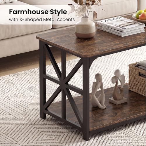 Farmhouse Coffee Table, 43" Center Table with Storage & X-Shaped Frames, 2-Tier Modern Accent Cocktail Tea Table, Rectangular Wood Living Room Tables for Small Spaces, Rustic Brown
