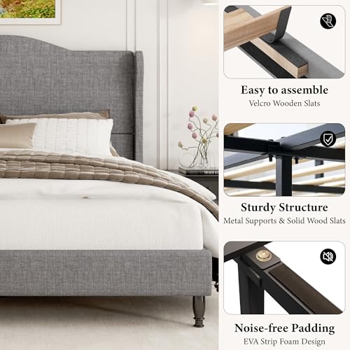Queen Size Upholstered Platform Bed Frame, Light Grey, view 6