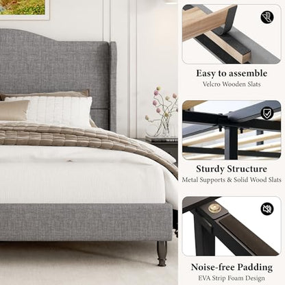 Queen Size Upholstered Platform Bed Frame, Light Grey, view 6
