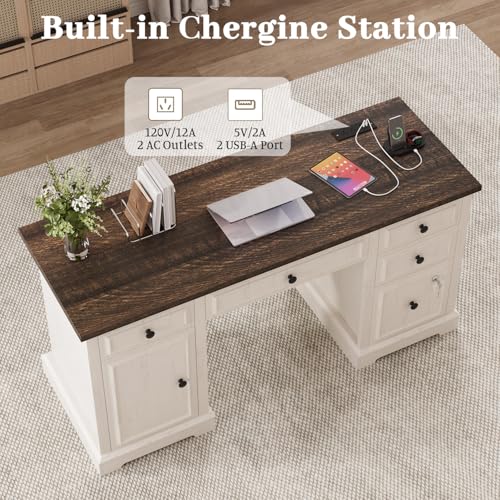 59" Executive Desk, Farmhouse Computer Desk with Drawers, Lockable File Drawer, Storage Cabinet & Power Outlet, Rustic Home Office Desk, Workspace for Work Study Writing, White