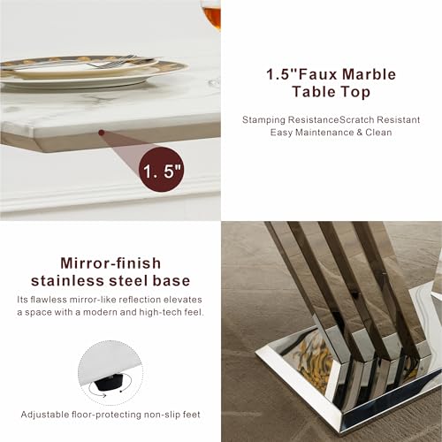 Marble Dining Table for 6 People, 70'' Rectangle Faux Marble Dining Table with Mirrored Stainless Steel Base, Large Size Marble Kitchen Table (Silver,White)(only Table)