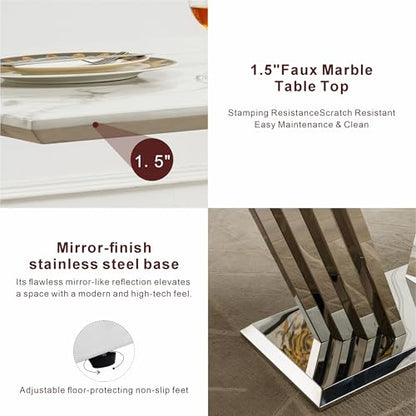Marble Dining Table for 6 People, 70'' Rectangle Faux Marble Dining Table with Mirrored Stainless Steel Base, Large Size Marble Kitchen Table (Silver,White)(only Table)