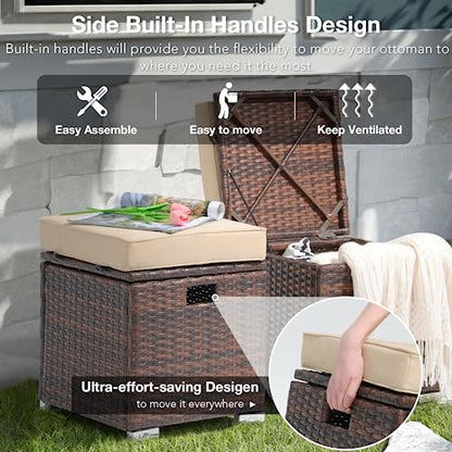 2 Piece Outdoor Patio Ottomans, All-Weather Brown PE Rattan Wicker Ottoman with Storage, Outdoor Footrest Footstool Seat w/Thick Cushion, Built-in Handle for Backyard Poolside Porch (Beige)