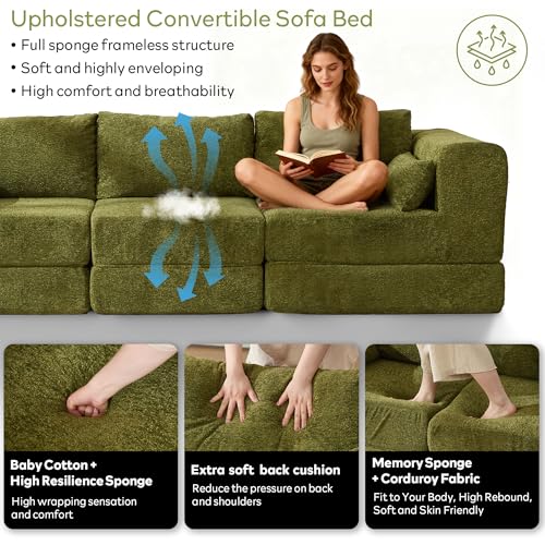 106" Chenille Folding Convertible Sleeper Sofa Bed, Green Pull Out Floor Modular Couch with Pillow, Memory Foam Boneless Couchs Sectional for Living Room Bedroom (3, Green)