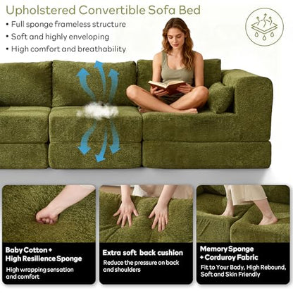 106" Chenille Folding Convertible Sleeper Sofa Bed, Green Pull Out Floor Modular Couch with Pillow, Memory Foam Boneless Couchs Sectional for Living Room Bedroom (3, Green)