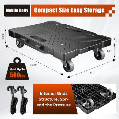 2 Pack Furniture Dolly, 16.9"x11.7" Heavy Duty Moving Dolly with 4 Wheels, Non-Slip Textured Surface for Moving Boxes Appliances, Max Load 500 lbs, Black