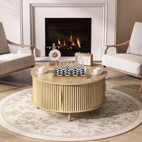 Round Coffee Table with Storage, 31.5" Natural Oak Drum Table for Small Space, Fluted Wood Center Table with Hidden Compartment, Modern Farmhouse Furniture for Living Room Organization