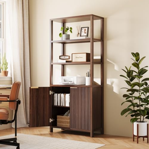 Bookcase with Fluted Doors, 71" Wood Storage Cabinet with Adjustable Shelves, view 2