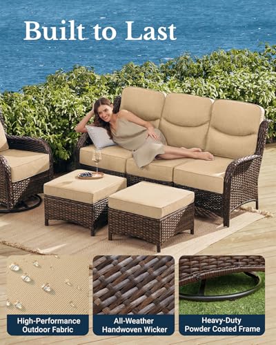Luxury Outdoor Patio Furniture Set with 6-Inch Thick Cushions, High Back Wicker Swivel Rocker Chairs, 7 Pcs All Weather Conversation Set for Large Deck, Yard and Poolside, Beige (V3)