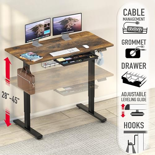 48-Inch Electric Height Adjustable Standing Desk with Drawer, Memory Preset and Cable Management Tray, Rustic Brown