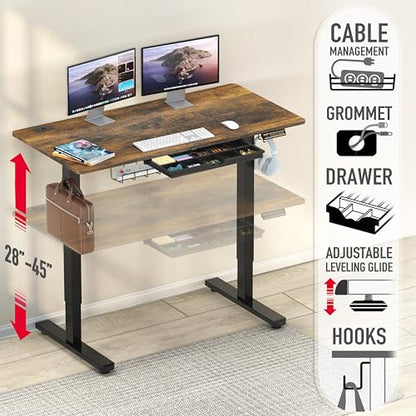 48-Inch Electric Height Adjustable Standing Desk with Drawer, Memory Preset and Cable Management Tray, Rustic Brown