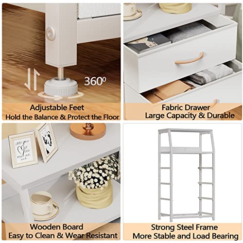 White Dresser with Drawers, Vertical Storage Tower Fabric Dresser for Bedroom, Hallway, Entryway, Nursery, Closet Organizer, Nightstand Bedside Table Furniture, Sturdy Steel Frame, Wood Top