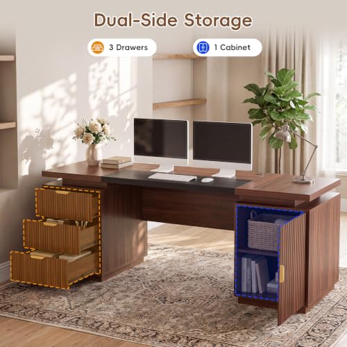 71" Office Desk with Storage, Fluted ExecutiveDesk with Drawers, Walnut, view 6