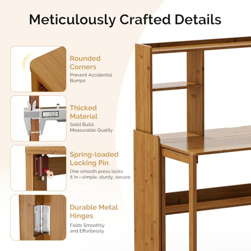 Folding Desk with Bookshelf, Compact Foldable Desk for Small Spaces,Brown, view 6