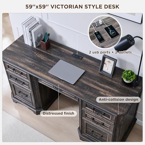 59" Farmhouse Executive Desk with Drawers, Wood Home Office Computer Desk, view 6