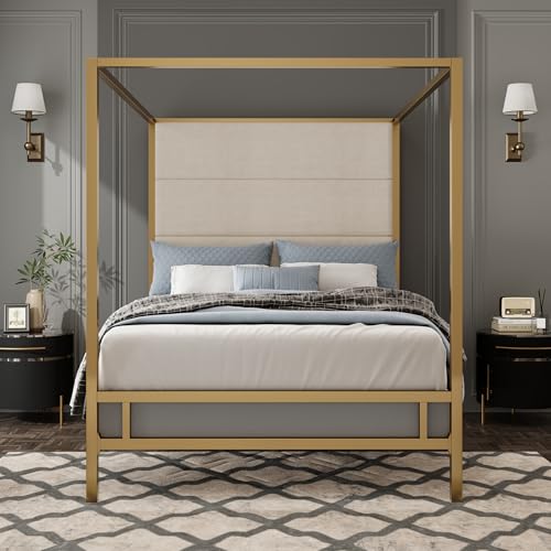 Queen Size Gold Metal Canopy Bed Frame, view 7