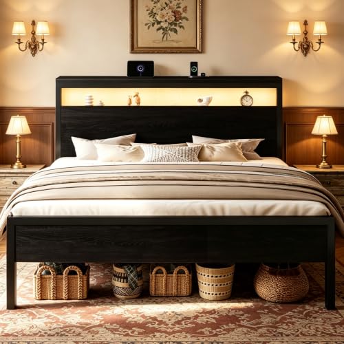 King Bed Frame, 2-Tier Storage Headboard, LED, Charging Station, view 2