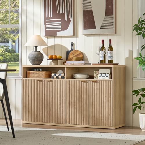 55-Inch Fluted Buffet Cabinet with 4 Doors,Natural Oak, view 4