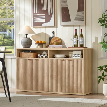 55-Inch Fluted Buffet Cabinet with 4 Doors,Natural Oak, view 4