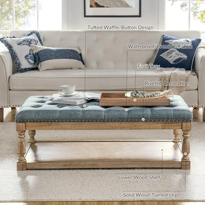 Storage Tufted Ottoman Coffee Table with Solid Wood Legs, Blue | with Tray & Shelf, Button Tufted Top Upholstered, Large Rectangle Cocktail Ottoman for Living Room Bedroom