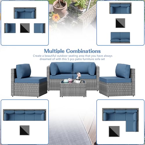 5 Piece Outdoor Patio Furniture Set,Silver PE Rattan Wicker Sectional Sofa, All Weather Conversation Set with Washable Cushions & Glass Coffee Table for Backyard Poolside Garden Porch,Navy Blue