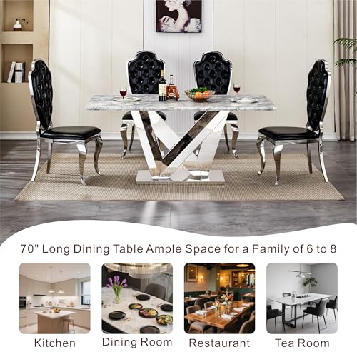 Marble Dining Table for 6 People, 70'' Rectangle Faux Marble Dining Table with Mirrored Stainless Steel Base, Large Size Marble Kitchen Table (Silver,Grey)(ONLY Table)
