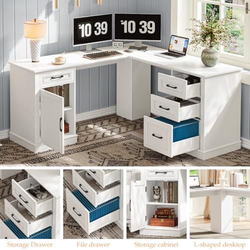 Farmhouse 59" L-Shaped Executive Desk with Drawers, Cream White, view 6