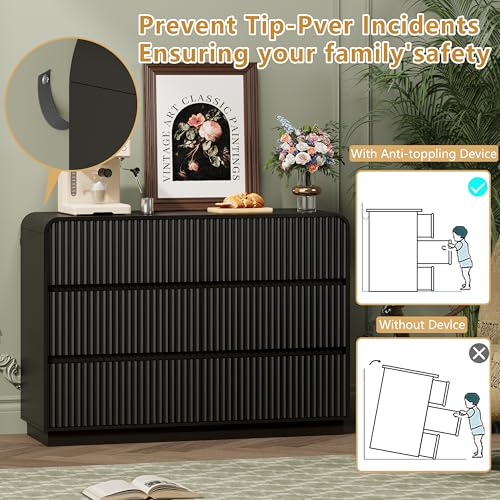 Black Dresser Fluted 6 Drawers Dresser for Bedroom, view 7
