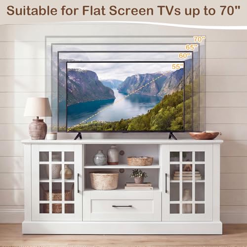 Farmhouse TV Stand for TV up to 65 70 Inches, Tall Media Console Table with 2 Glass Storage Cabinets, 1 Drawer & 2 Open Shelves, Wooden Entertainment Center for Living Room (White)