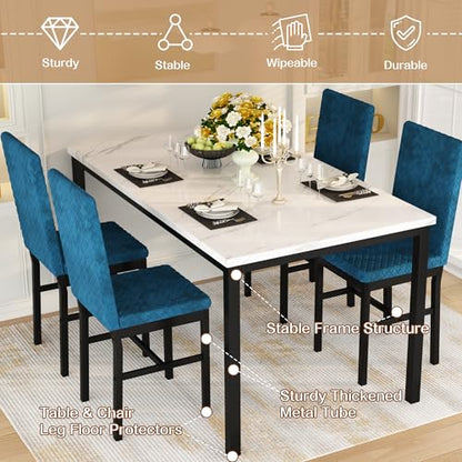 Dining Table Set for 4, Kitchen Table and Chairs Set of 4 Modern Faux Marble Dinner Tabletop with Upholstered Velvet Chairs for Apartment Small Space
